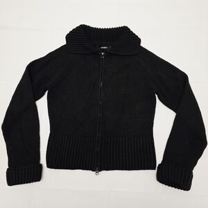 Express Vintage 90s Y2K Black Full Zip Chunky Knit Sweater M Ribbed Hem Cardigan
